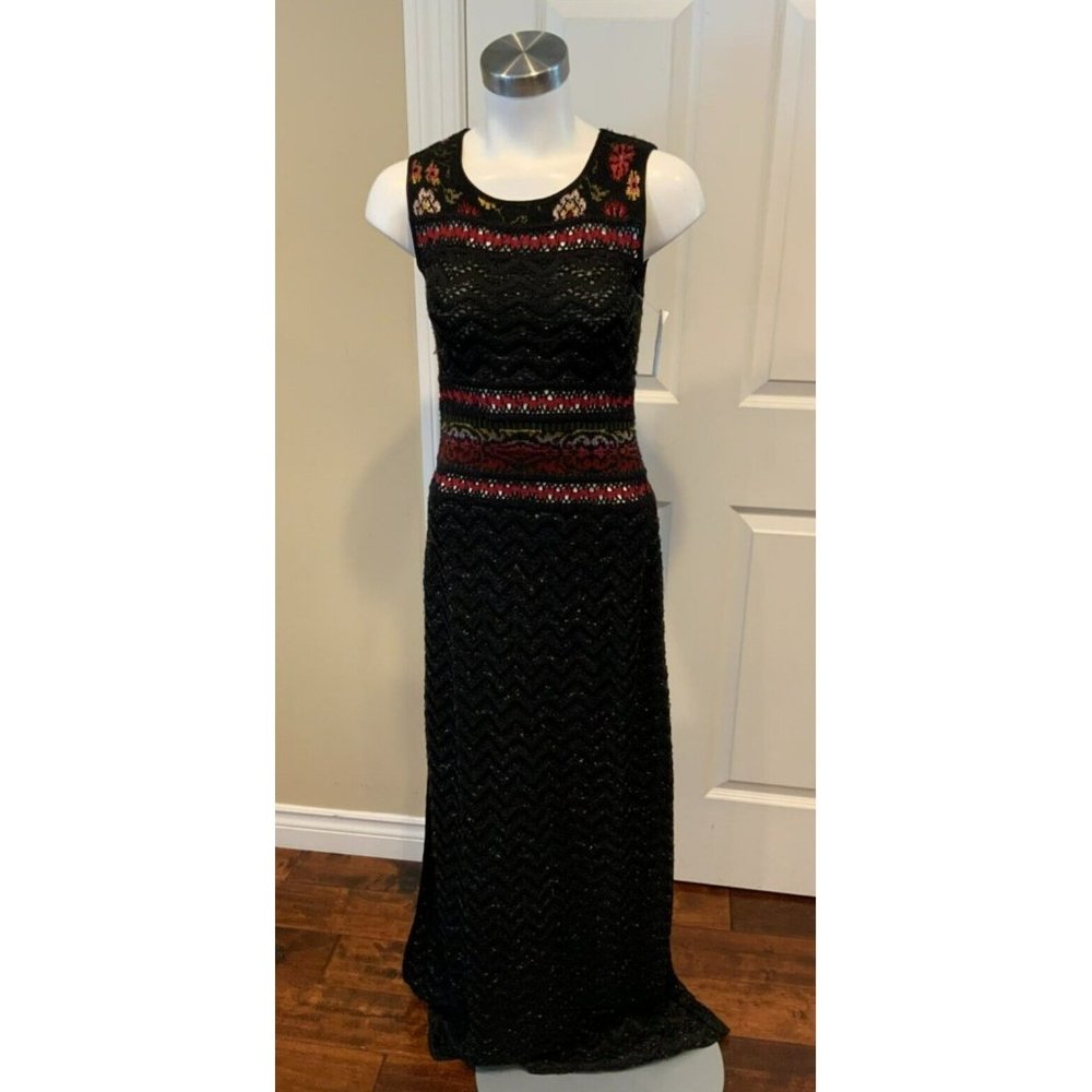 Cecilia Prado Long Black Zig Zag & Floral- Sheath Dress, Size S NWOT!